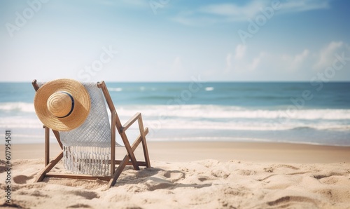  a beach chair with a straw hat on top of it. generative ai