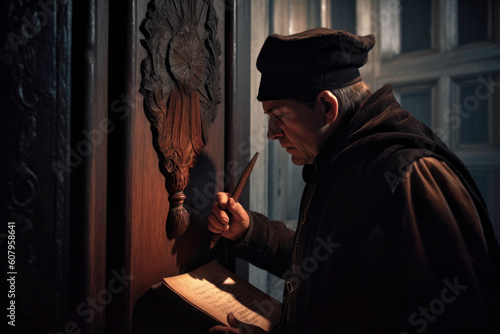 Martin Luther nailing his 95 Theses to the door of the castle church in Wittenberg in 1517 (Generative AI)