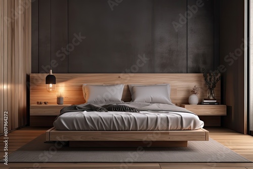 a wooden bed in a contemporary room,. Generative AI