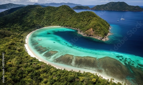  an aerial view of a tropical island with a white sand beach. generative ai