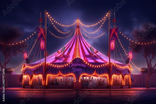 Circus with purple and violet lights in Las Vegas night, Circus facade with neon lights, Generative AI