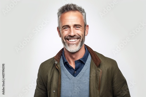 Portrait of a handsome mature man smiling at camera over grey background