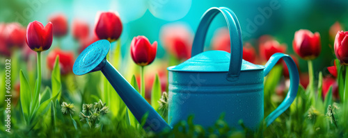 Vibrant blue sprinkler watering can on summer blooming meadow. Bright red tulips near. Flower gardening banner. Generative AI