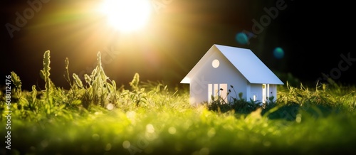 Real estate concept. House model on green grass with sunlight background, Generative AI