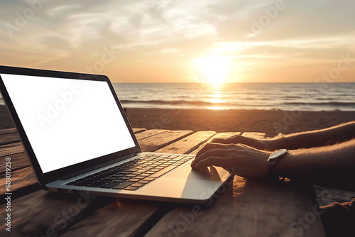 hands of a person using a laptop at the beach, man teleworking on a beach wooden table at sunset or sunrise with electronic device, digital nomad working at a caribbean paradise, generative AI