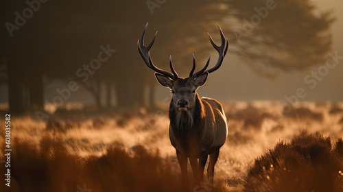 red deer in the morning sun in the forest on a meadow. Generative AI