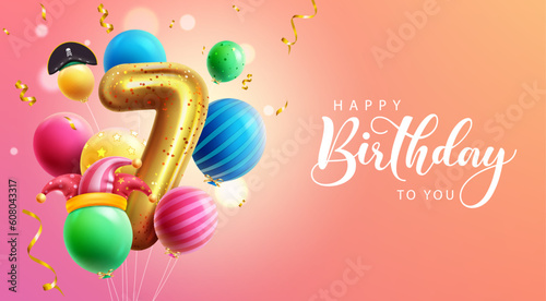 Happy 7th birthday vector design. Birthday greeting text in empty space with colorful balloon bunch elements. Vector illustration invitation card for 7th bday background. 