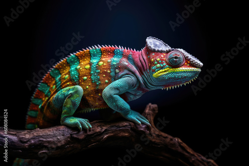 Close-up of bright chameleon on the branch on dark background, Generative AI