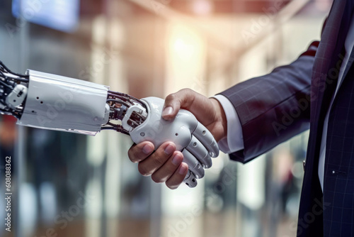 AI robot and human handshake, Generative AI