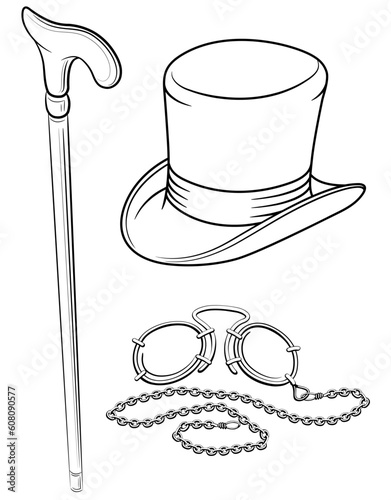 set of retro accessories with hat walkingstick and pince-nez point vector illustration, isolated on white background