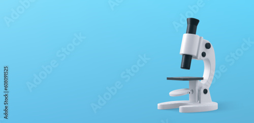 Microscope, equipment for science or medical laboratory. 3d optical instrument for chemistry and biology research, education and medicine. White microscope on blue background, vector illustration