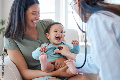 Mother, baby and stethoscope of pediatrician for healthcare consulting, check lungs and breathing for heartbeat. Doctor, happy infant kid and chest assessment in clinic, hospital and medical analysis