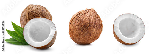 Fresh coconut with leaves isolated on white background, coconut on white background with clipping path.