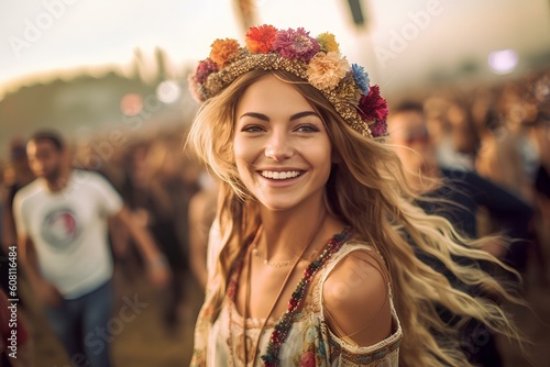 pretty female hippie having fun at EDM festival season. generative AI