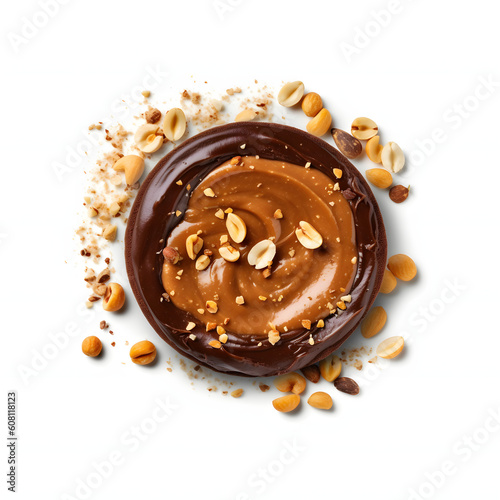 top view of tasty peanut butter and chocolate paste sprinkled with crushed nuts cake isolated on white