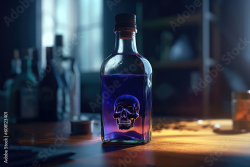 Purple Bottle Of Liquid With A Skull, A Symbol Of Poison. Generative AI