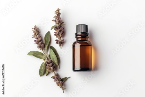 Clary Sage Essential Oil In Small Brown Bottle Next To Clary Sage On White Background, Top View. Generative AI