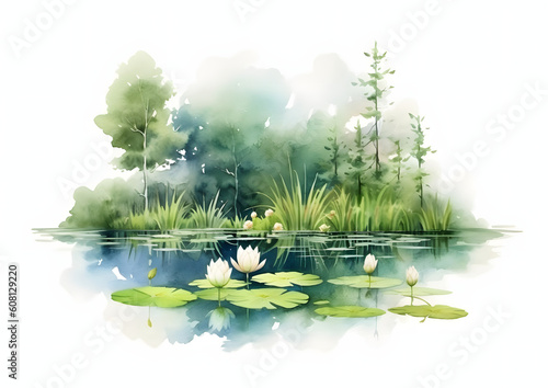 Watercolor lake landscape with water lily isolated on white