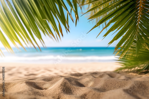 Tropical beach with palm leaves. Generative AI