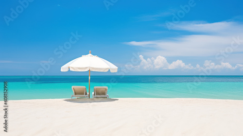 Two sunbeds under a parasol on a tropical empty paradise beach with blue sky, turquoise sea and white sand. Romantic Summer vacation, honeymoon concept. Banner with copy space for text. Generative AI.