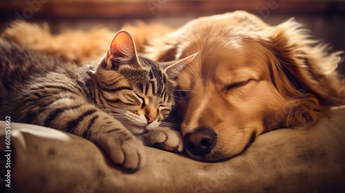 A dog and a cat sleeping hugging each other made with Ai generative technology