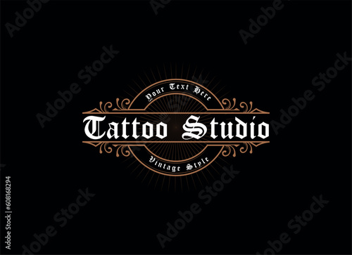 Vintage frame logo. Antique label. Suitable for tattoo studio, barber shop, whiskey label, wine, beer, brewing, salon, shop, signage.