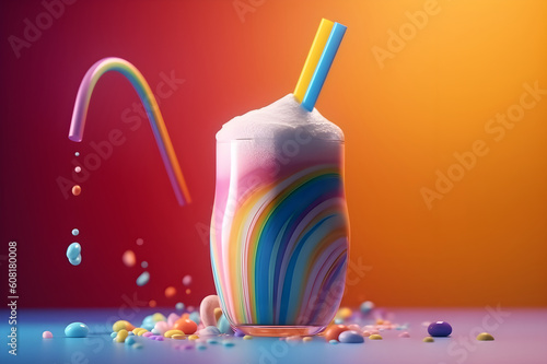 Rainbow milkshake, multi-colored, bright on a rainbow background. With Generative AI tehnology