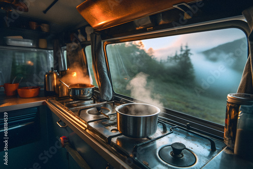 cozy kitchen interior van life mobile home morning ai generated art Generative AI