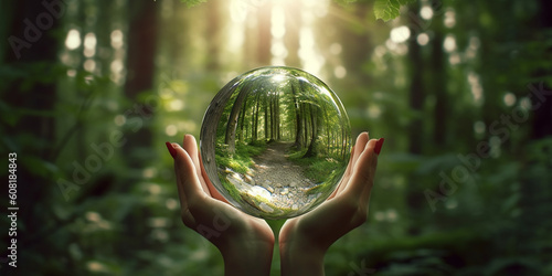 Glaskugel in Händen mit Wald Hintergrund für die Umwelt, ai, generativ