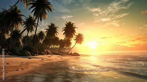 A beautiful beach with palm trees in morning with peace and calm sea wave, Generative AI