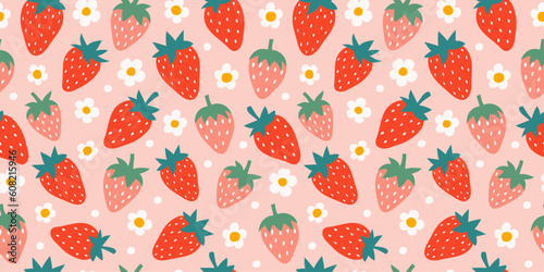 Strawberry and flowers hand drawn seamless pattern. Cute summer background for fabrics, decorative paper. Textile print for kids. Vector cartoon illustration.