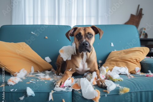 Bored puppy dog destroyed sofa cushion while was home alone. Generative Ai