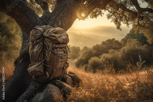 Bushcraft, outdoor, survival backpack leaning against a tree in front of a beautiful sunrise, sunset landscape. Generative AI