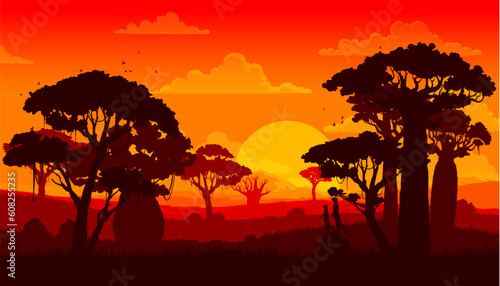 African savannah sunset landscape, scenery silhouette. Vector background features baobabs or acacia trees, and silhouetted meerkats wildlife against a fiery sky with hues of orange, red, and yellow