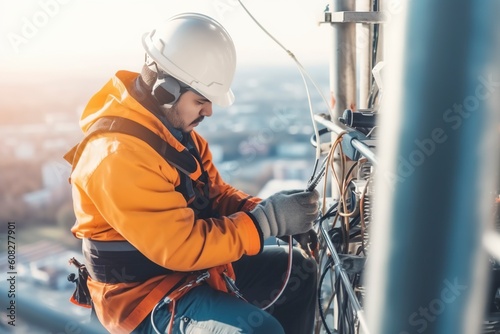 A technician perched on a 5g telecommunications tower checks connections. Ai generated.