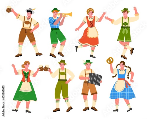 Oktoberfest holiday characters. Funny people in traditional bavarian clothes clink beer glasses and dance, german waitresses, vector set