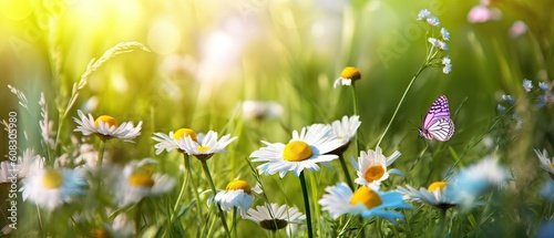 Flowers daisies in grass and butterfly in meadow in nature in rays of sunlight in summer or spring close-up macro. Picturesque colorful artistic image with a soft focus