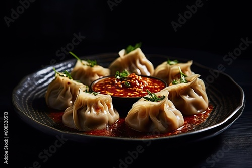 nepali momo dumplings on a plate, black background, illustration, generative ai