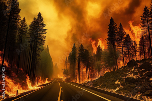 Forest fire near the edge of the highway, created with Generative AI Technology