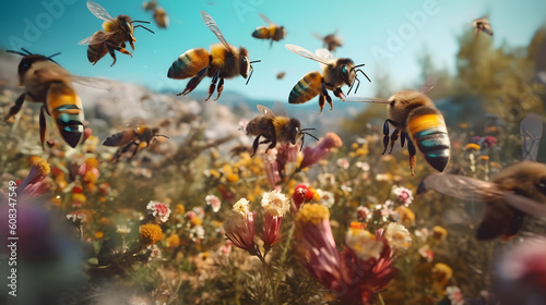 Beautiful colorful summer spring natural flower background. Bees working on a bright sunny day with beautiful bokeh 
