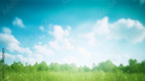 Abstract blur beautiful green nature and blue sky white clouds wallpaper background, Generative AI