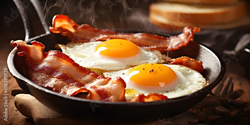 Bacon and eggs in a pan. Composition with tasty fried eggs and bacon on wooden table