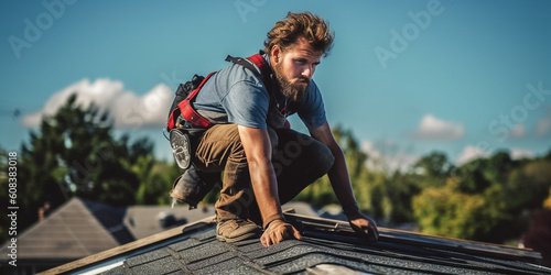 Dachdecker Mann arbeitet auf dem Haus Dach und ist konzentriert, Dachdeckerei Beruf mit Zukunft, ai generativ