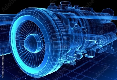 Wireframe rendering of turbojet engine on black background. Digital twins concept. 3D rendering image. Generative ai