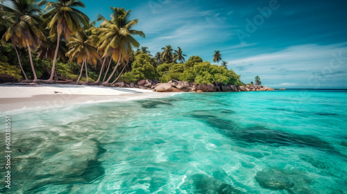 Tropical beach with turquoise water, white sand, and palm trees. AI Generated