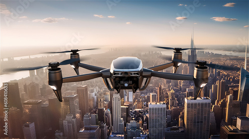 small drone with camera flies over a city in a surveillance role, generative AI