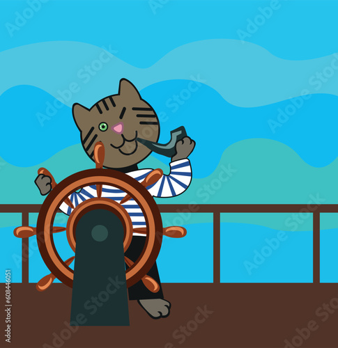 Day of the Seafarer. June 25. Holiday concept with sailor cat. The navigator cat smokes a pipe and turns the steering wheel. Vector illustration.