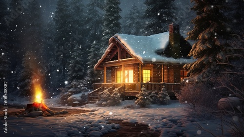 A cozy winter cabin with a roaring fire surrounded by snowy trees. Generative ai