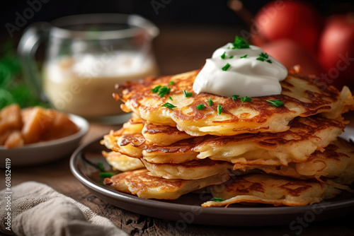 A stack of warm and fluffy placki ziemniaczane, traditional Polish potato pancakes, served with a dollop of sour cream and a side of homemade applesauce. (Generative AI)