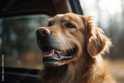 Cute golden retriever dog in the car, close-up AI Generated